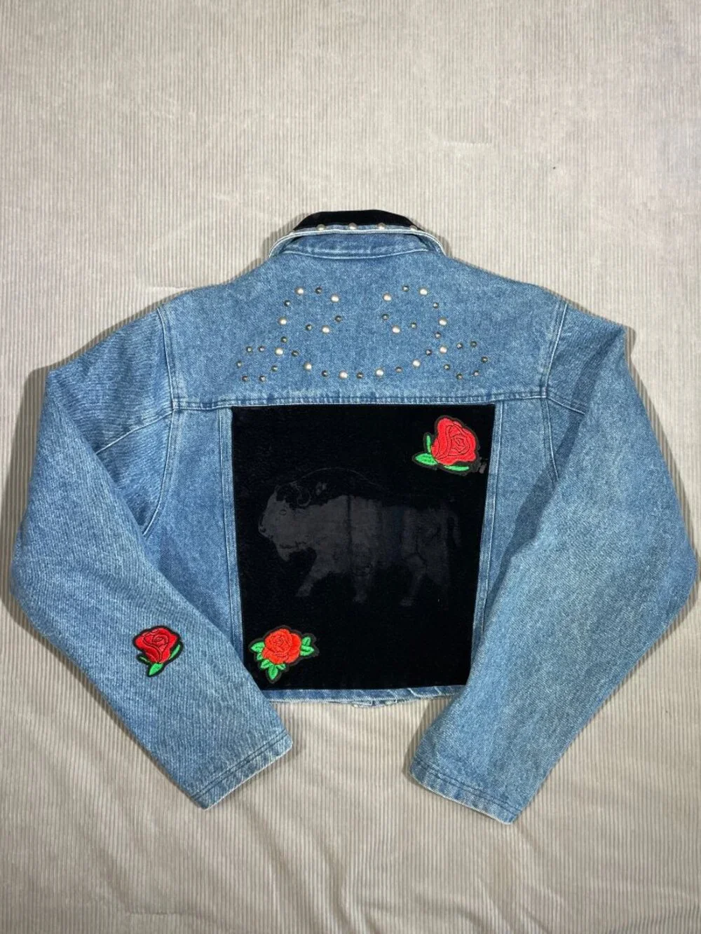 Vintage Saddle Ridge Boxy Denim Jacket Women's S Studded Patch Western Trucker